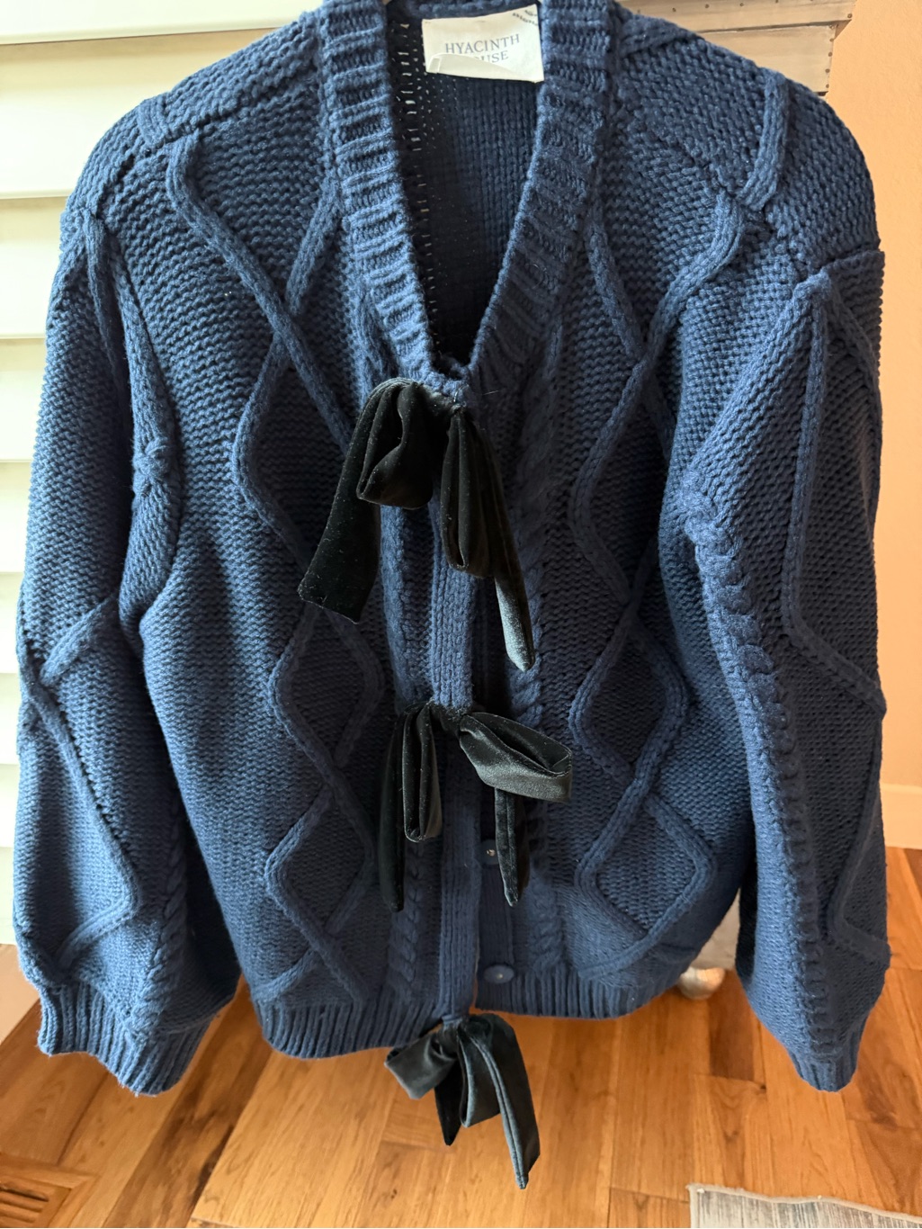 Hyacinth House Navy Knit Cardigan With Velvet Bow Accents